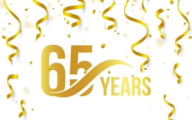 落ちてくる金の紙吹雪とリボン65周年記念挨拶ロゴカード要素ベクトルイラストと白い背景の上の単語年アイコンと孤立した黄金色番号65