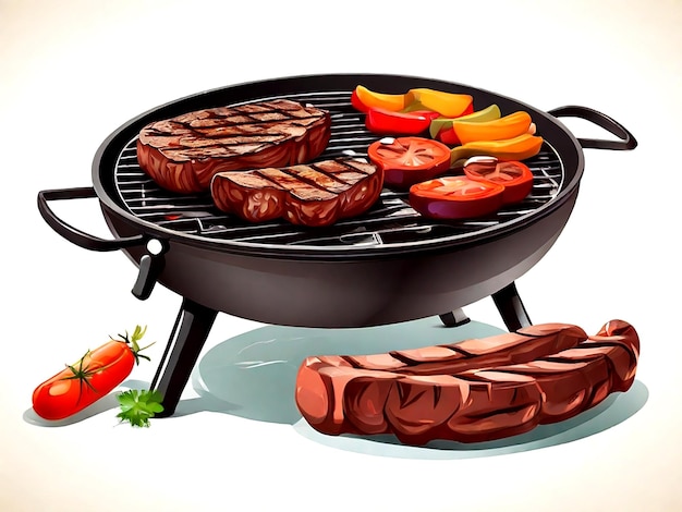 isolated Grill stove with steak and sausage on white background vector