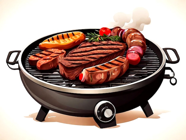 Vector isolated grill stove with steak and sausage on white background vector