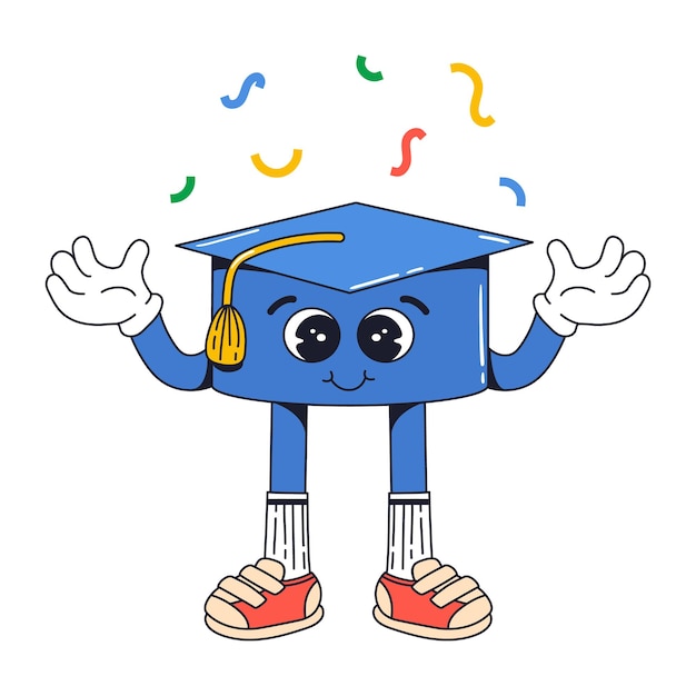 Isolated groovy character blue square academic cap in gloves in flat retro classic cartoon style