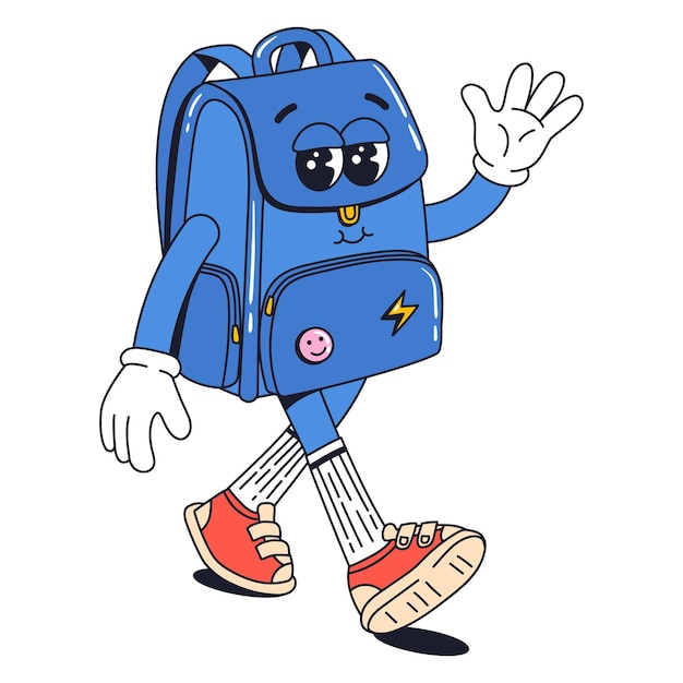 Isolated groovy character walking blue backpack in gloves in flat retro classic cartoon style of 60s