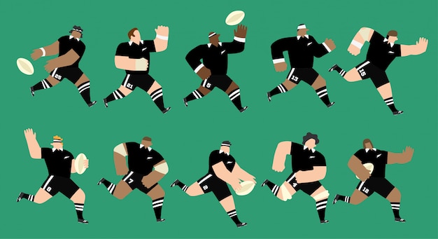 Vettore gruppo isolato di 10 giocatori di rugby che corrono e giocano in diverse posizioni nel gioco. indossano maglie e pantaloncini neri come la squadra nazionale della nuova zelanda. illustrazione vettoriale modificabile