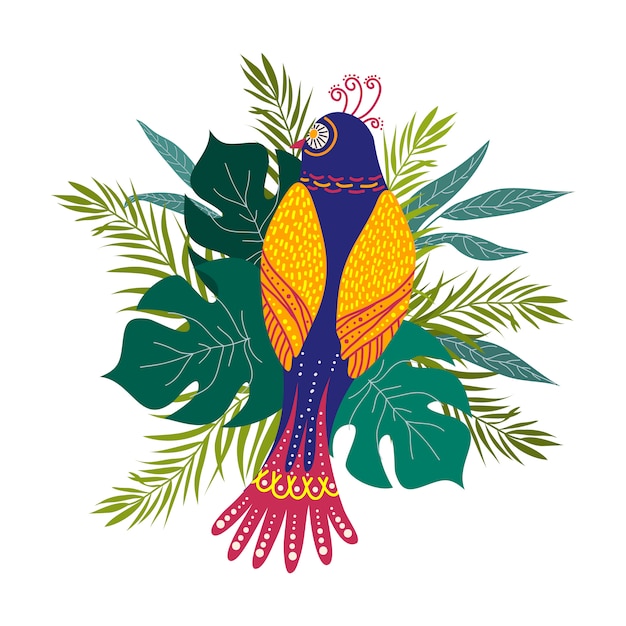 Vector isolated hand draw exotic bird and tropical leaves. trendy style. vector