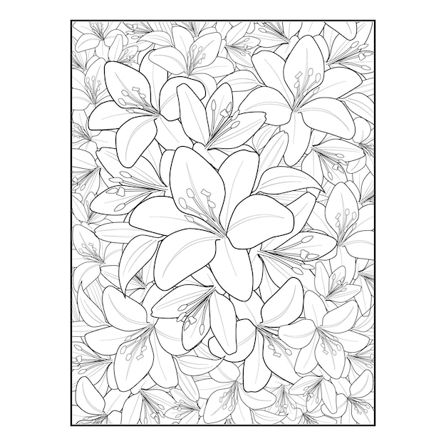 isolated hand drawn seamless lily flower nature ink engraving coloring page for adult