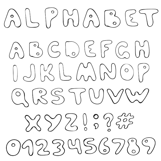 Vettore alfabeto in bianco e nero di vettore disegnato a mano isolato