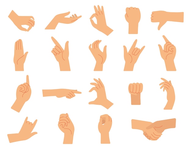 Isolated hands gestures Isolated hand gesture arm showing different signs Body parts finger poses collection Cartoon female palms decent vector set