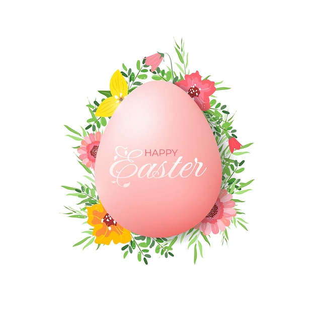isolated Happy Easter egg with flowers and typography on white backdrop Holiday concept design