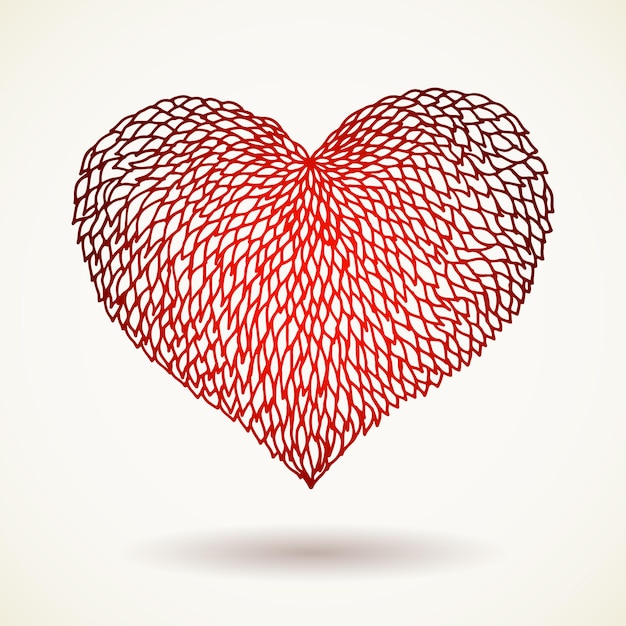 Vector isolated heart made of feathers and petals painted in the style of coloring for adults