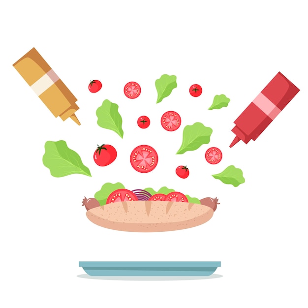 Isolated hotdog with vegetables in hand on a white background