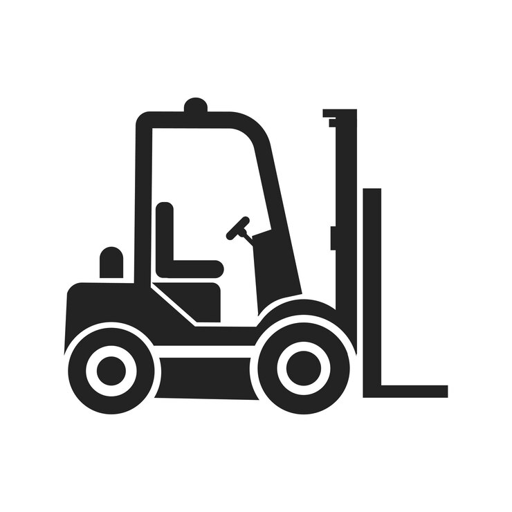 Vector isolated icon of black pictogram forklift with fork wheel steering wheel for industrial vehicle