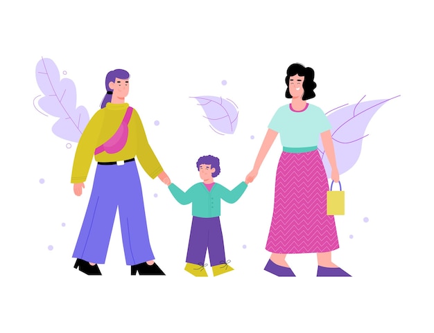 isolated illustration of a happy lesbian family walking with their kid