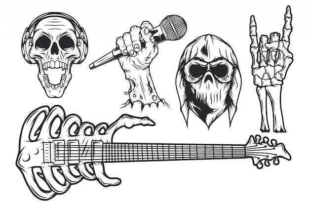 Illustrazioni isolate impostate. cranio in bandana e felpa con cappuccio, teschio con cuffie, mano di zombie con microfono, mano di scheletro