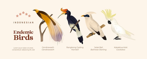 Vettore isolati uccelli endemici indonesiani illustrati in cella in stile ombreggiato