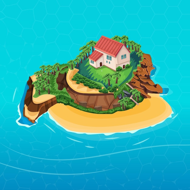 an isolated island in the middle of the ocean , beautiful house on the island