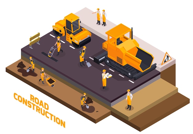 Isolated isometric road construction icon set