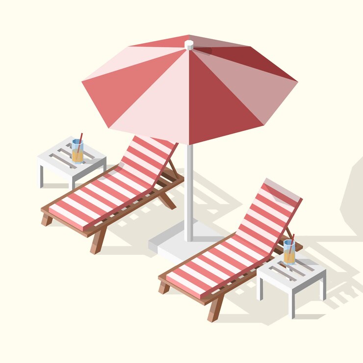 Vector 격리 된 아이소 메트릭 여름 우산, 테이블 및 칵테일 두 sunbeds의 그림.