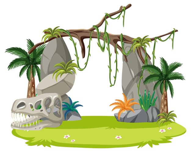 Vector isolated jungle with prehistoric vibe and jurassic skull