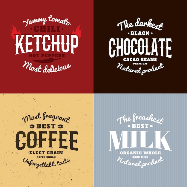 Isolated ketchupchocolatecoffeemilk vector logo set natural products logotypes collection retro
