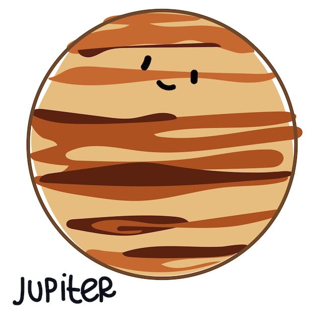 Isolated large colored planet Jupiter with a face and signature Cartoon vector illustration