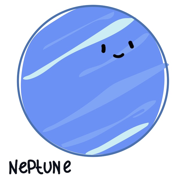 Изолированная большая цветная планета Нептун с лицом и подписью Карикатурная векторная иллюстрация
