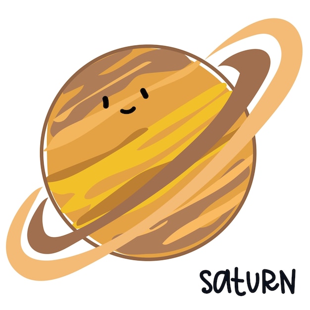 Isolated large colored planet Saturn with a face and signature Cartoon vector illustration of a cute