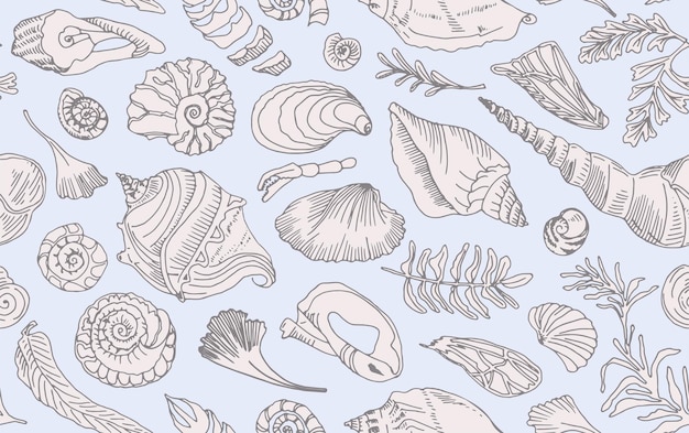 Vector isolated line art contour seashells and plants seamless pattern hand drawn ocean shell or conch mollusk scallop sea underwater animal fossil nautical and aquarium marine theme vector illustration