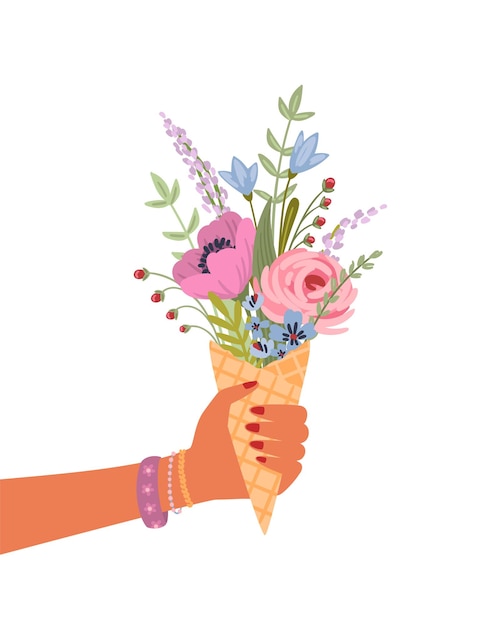 Isolated llustration bouquet of flowers in female hand Vector design concept for holyday and other