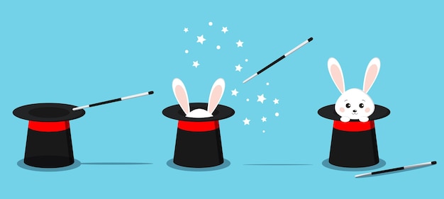 Isolated magician s black hat, magic hat with bunny ears, white rabbit in hat with magic wand.