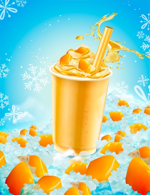 Isolated mango ice shaved takeout cup with splashing liquid and fruit  on blue iced background