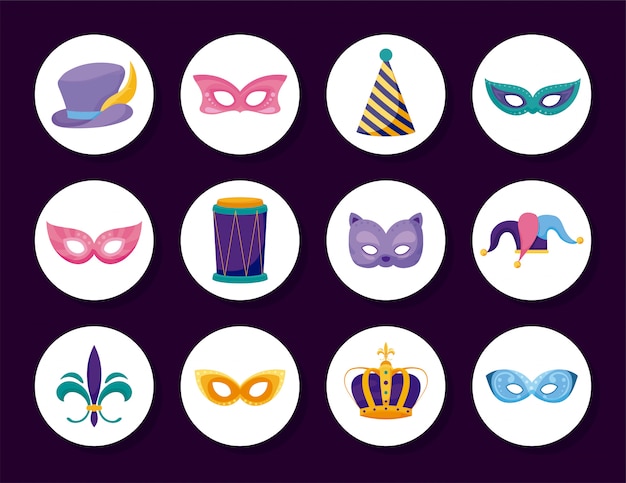 Isolated mardi gras carnival icon set inside circles