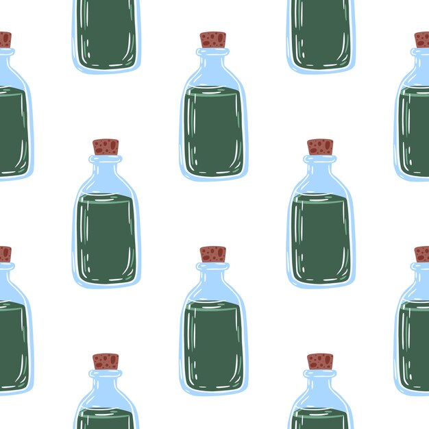 Isolated medical bottle seamless doodle pattern. simple liquid ornament in green and blue tones.