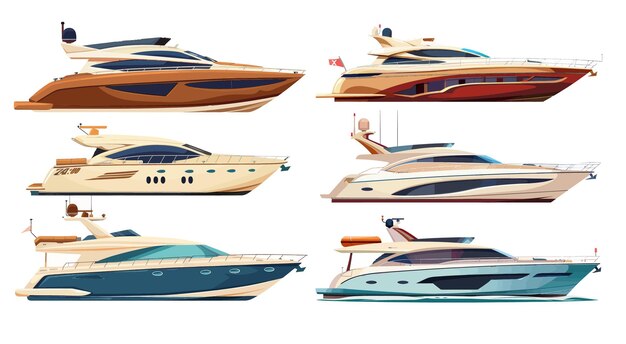 Set di illustrazioni moderne isolate di barche da crociera, barche da corsa, yacht di lusso, barche a vapore per il traffico idrico sulle acque oceaniche