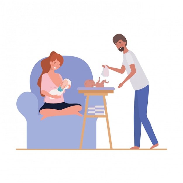 Vector isolated mother and father with baby