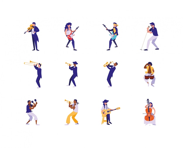 Isolated musicians with music instruments icon set