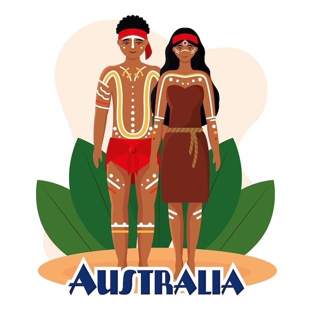 Isolated native couple australian characters with traditional clothes Vector illustration