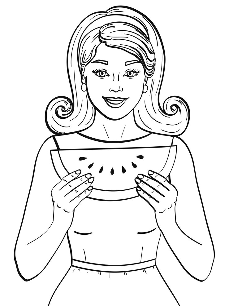 Vector isolated object coloring black lines white background retro young girl eating watermelon proper