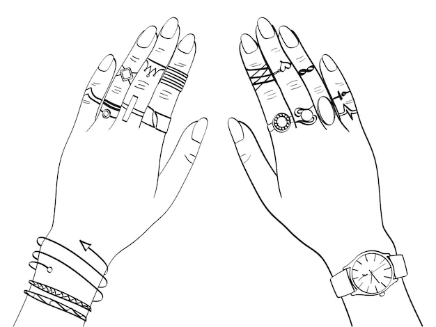 Изолированный объект на белом фоне Руки женщин в ювелирных украшениях кольца ювелирные часы Книжная раскраска для детей