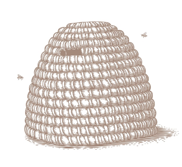 Isolated old style hand drawn straw hive and two bees