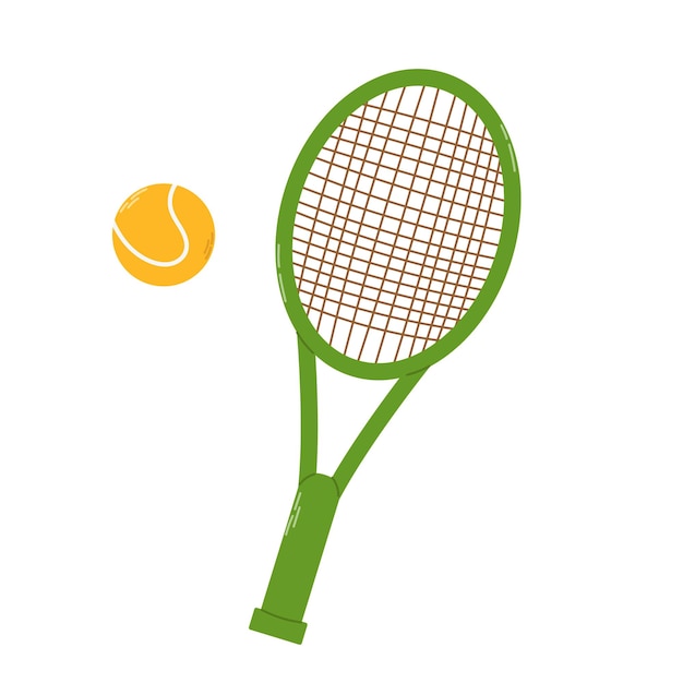 Isolated one green tennis racket with ball in flat style on white background