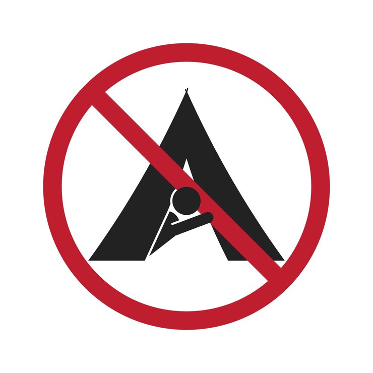 वेक्टर isolated prohibition sign do not build camping tent camp is not allowed red circle crossed label