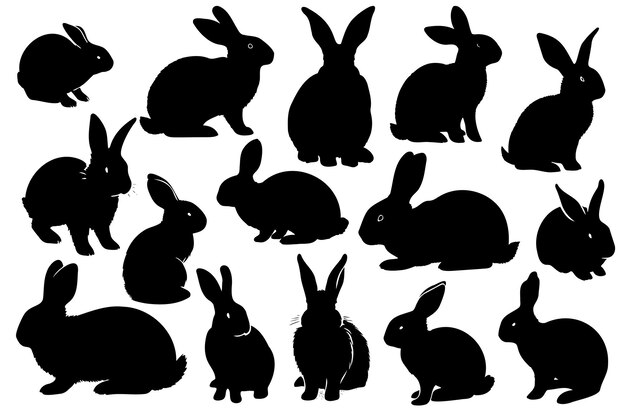 Isolated rabbit on white background set of different rabbit silhouettes for design use