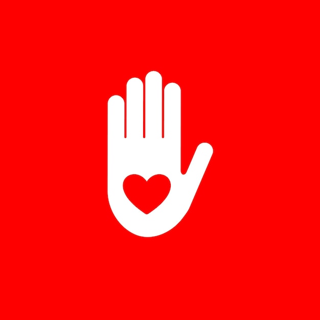 Isolated red heart in white hand vector logo like symbol give five sign help icon volunteering