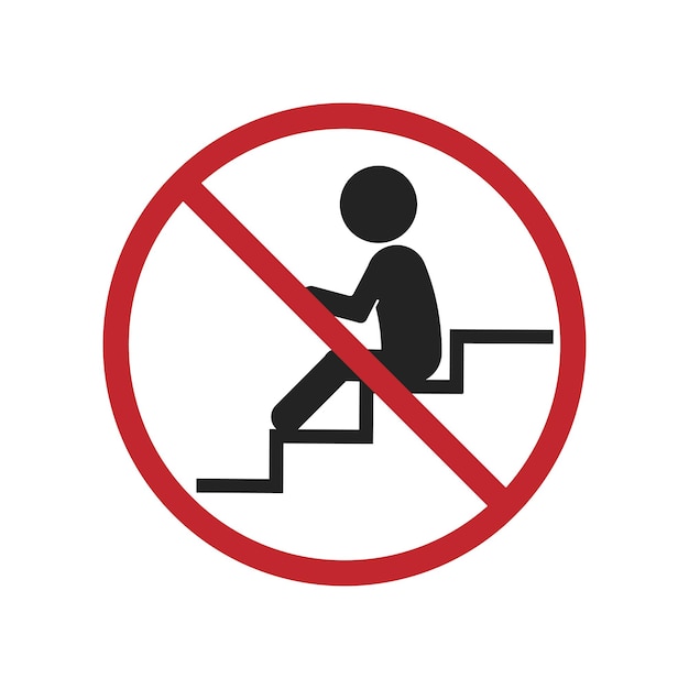 계단 위에 앉지 말라는 고립된 은 둥근 표지판, 방황하는 자 또는 계단 길의 블록에 앉는 것이 금지되어 있습니다.