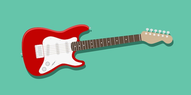 Vector isolated red and white electric guitar with a green background musical instrument flat style