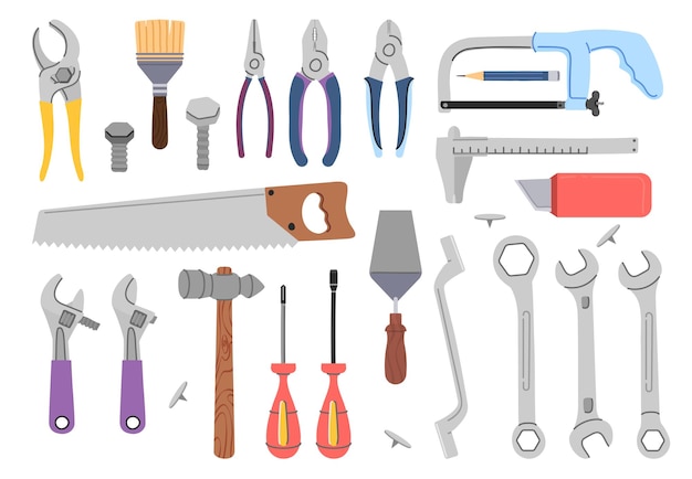 Isolated repair tools wrenches vise and screws construction tool and screwdriver toolkit icons home design or recover builder workers decent vector elements