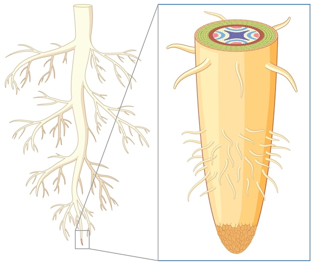 Radice isolata della struttura e dell'anatomia della pianta