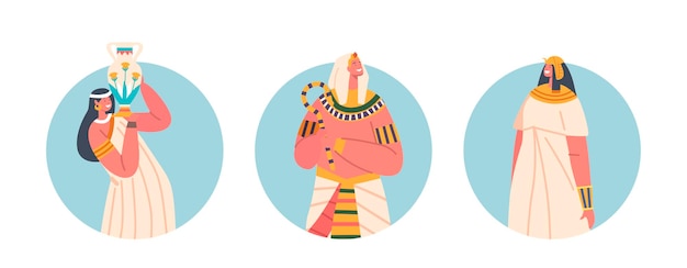 Isolated Round Icons Or Avatars Egyptian Pharaoh With Staff And Female Characters Wear Long Dress And Holding Jug