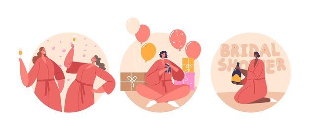 Vector isolated round icons or avatars of girl friends wear pink robes gather to honor the bridetobe with a joyful bridal shower as she prepares for her special day cartoon people vector illustration
