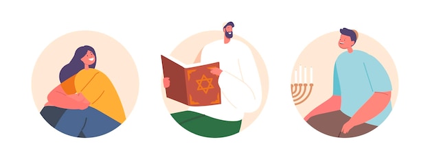 Vector isolated round icons or avatars of jewish family characters father son and daughter reading the torah with reverence