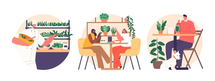 Vector isolated round icons with customers enjoying plantbased meals in vegan restaurant savoring delicious crueltyfree dishes promoting health and environmental sustainability cartoon vector illustration